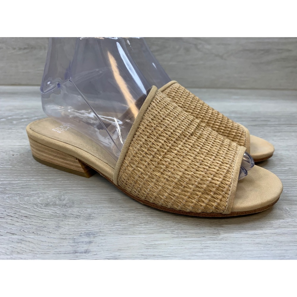 Eileen Fisher Tan Woven Slide Sandals Low Stacked Block Heel Mules 7.5 Shoes